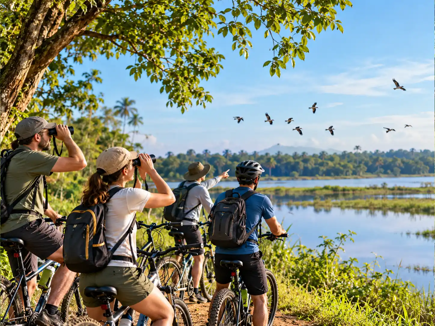 Cyclists birdwatching beside a reservoir