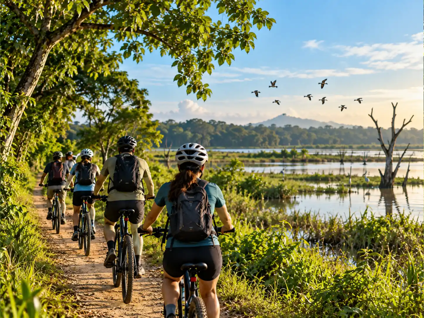 Cyclists riding along a reservoir trail